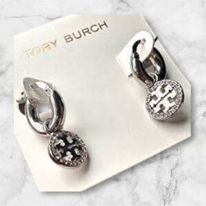 NIP Tory Burch Silver Dangle Earrings with Logo Charm